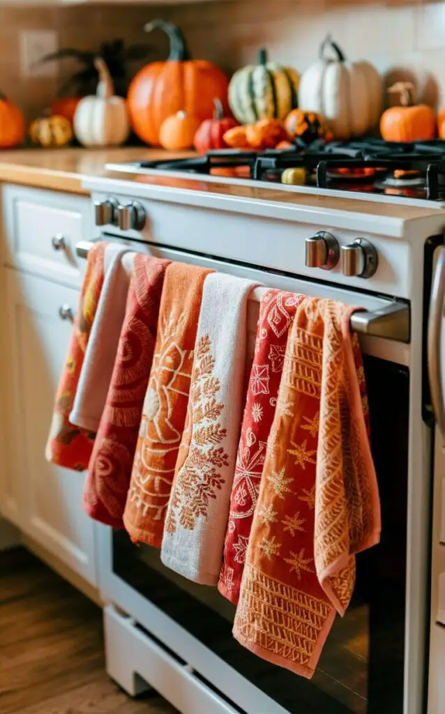 A cozy and inviting kitchen scene, featuring an array of fall-colored kitchen towels hanging on the oven door handle. The towels showcase intricate seasonal patterns in warm hues of orange, red, and yellow, perfectly complementing the surrounding fall decor. The kitchen countertops are adorned with pumpkins, gourds, and small decorative items that add to the festive atmosphere, creating a comfortable and welcoming space for family and friends to gather during the autumn season.