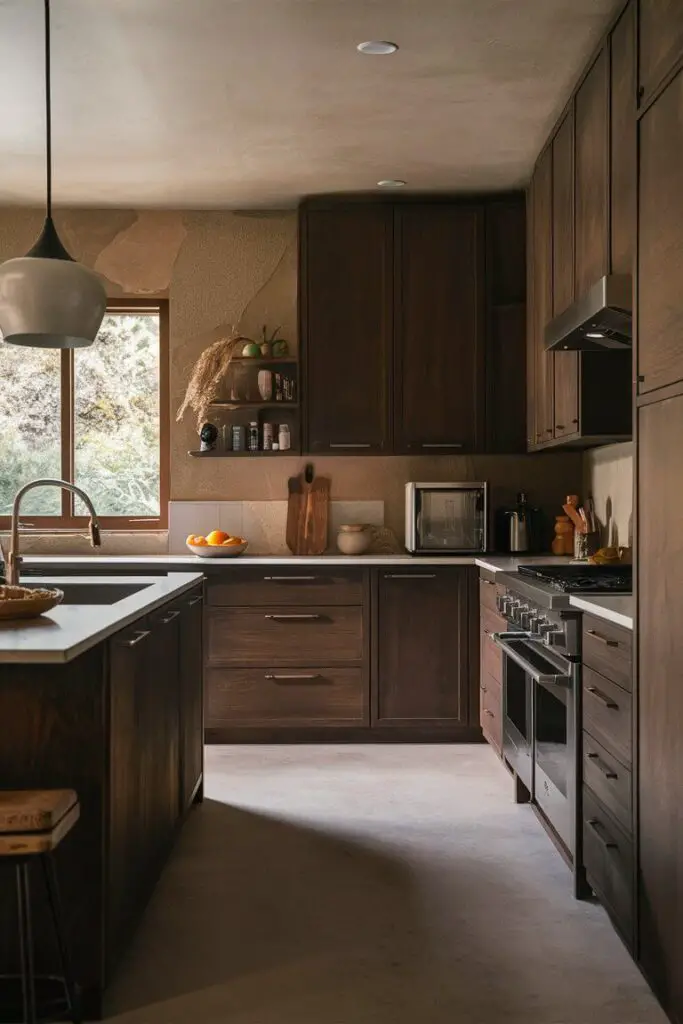 An earthy kitchen with slate appliances. The matte finish and dark, neutral color of the slate appliances blend seamlessly with the earth-toned decor and natural materials.