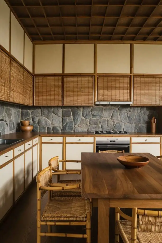 A Japandi kitchen with wooden countertops and bamboo accents. Stone backsplash tiles complement the wooden surfaces. The cabinets are painted in a soft, muted color, and a large wooden dining table with matching chairs takes center stage, showcasing the natural beauty of the materials.