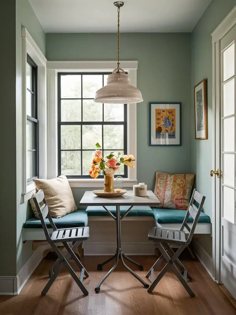 A small flexible breakfast nook with folding furniture, including a foldable table and chairs that can be stored away easily.