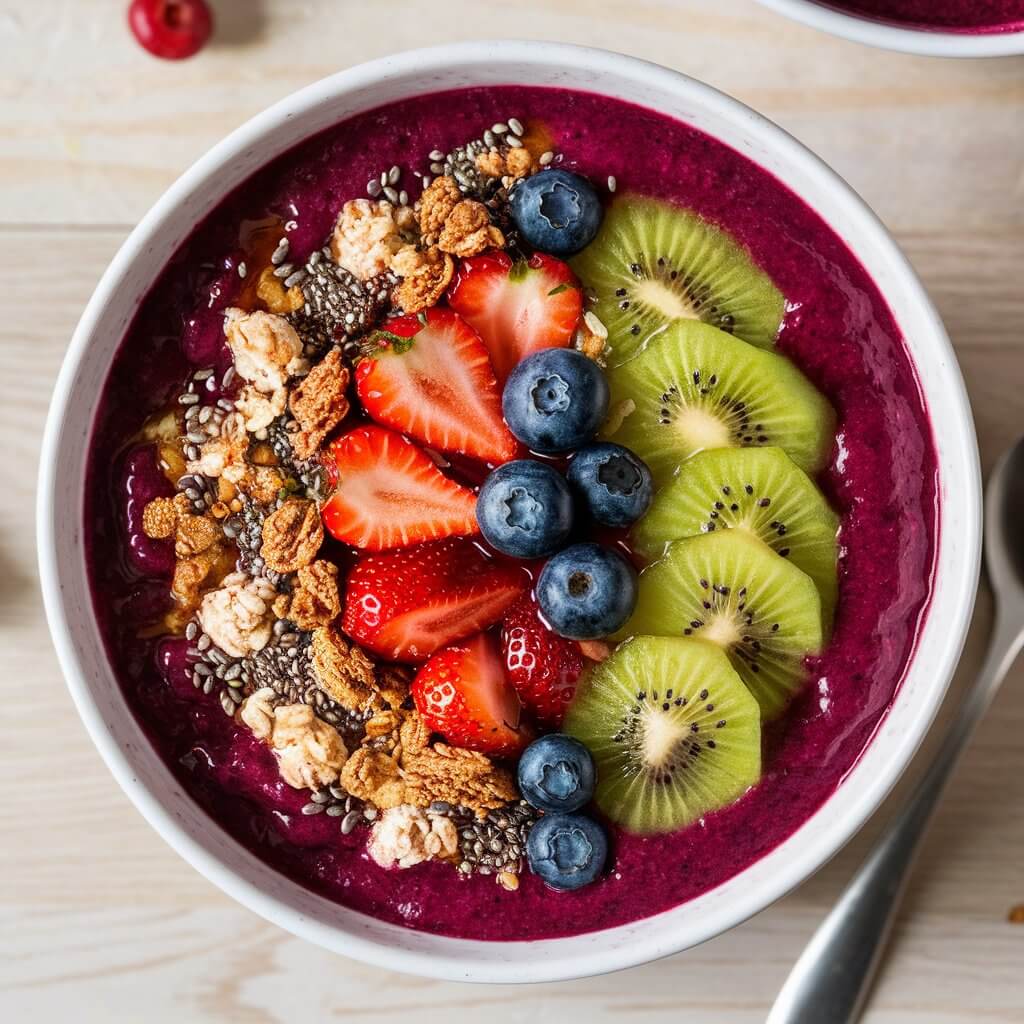 A vibrant smoothie bowl with a rich purple base made from blended berries. The bowl is artfully topped with an array of fresh fruits including sliced strawberries, blueberries, and kiwi. There are also clusters of granola, chia seeds, and a drizzle of honey. The bowl is placed on a light wooden table with a spoon on the side and a few scattered berries around.