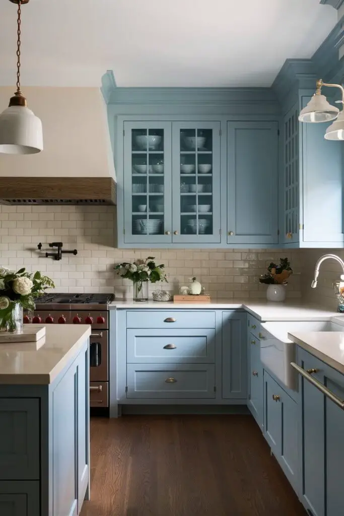 A calming kitchen displaying a soft blue and cream color combination. Soft blue cabinets are paired with cream countertops and a cream subway tile backsplash, creating a serene and inviting atmosphere.