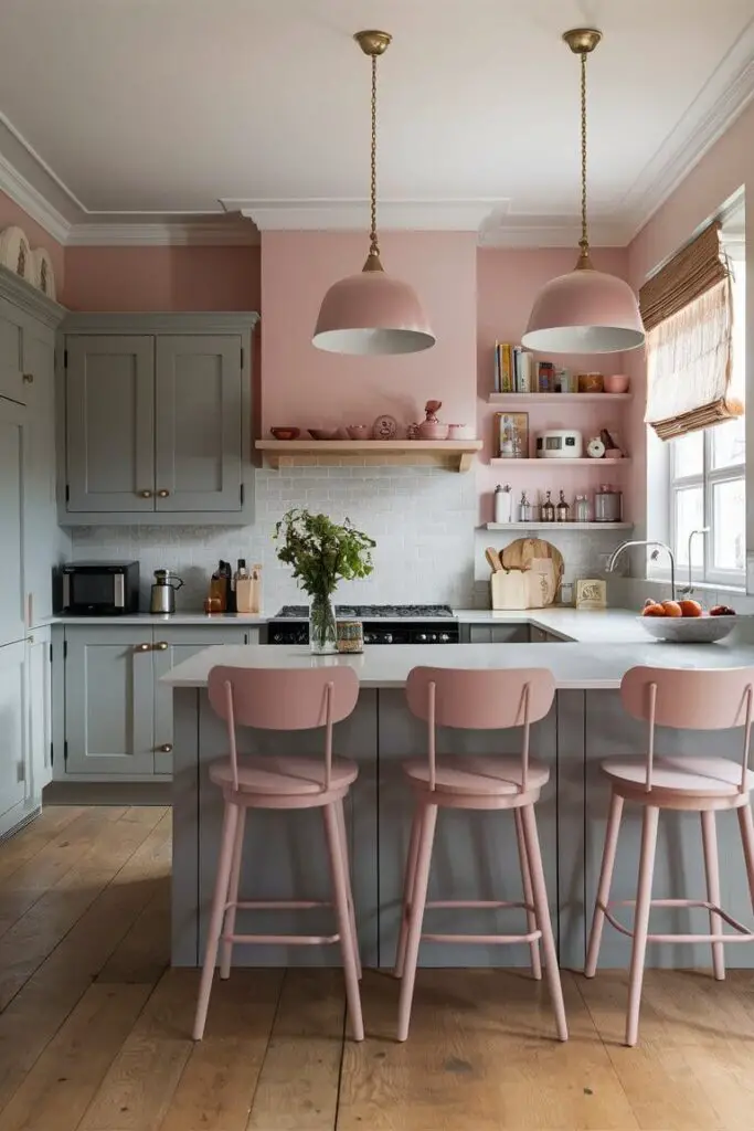 A charming kitchen displaying a soft gray and blush pink color combination. Blush pink accents, such as bar stools and small appliances, add warmth to the soft gray cabinetry and walls, creating a delicate balance.