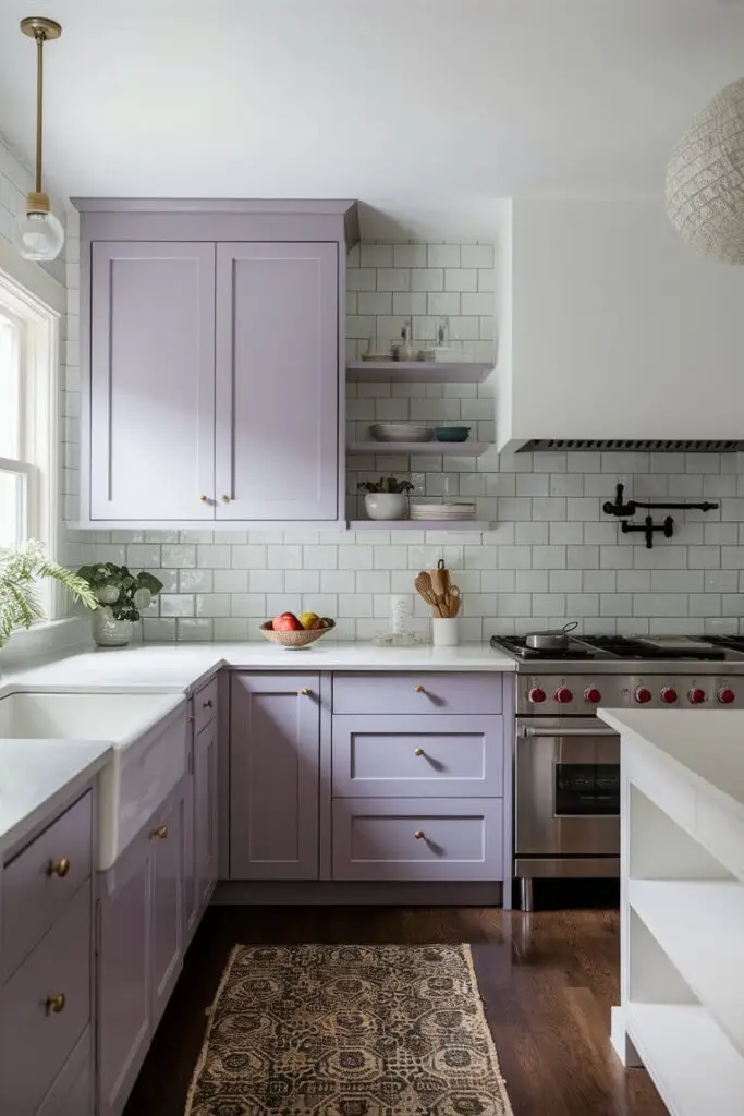 A calming kitchen featuring the soft lavender and white color combination. Soft lavender cabinets are paired with white countertops and a white tile backsplash, creating a serene and inviting space.