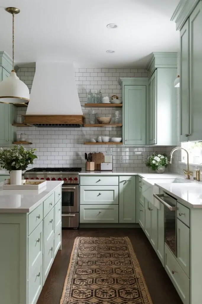 An airy kitchen displaying a soft mint and white color combination. Soft mint green cabinets are paired with white countertops and a white subway tile backsplash, creating a fresh and clean look.