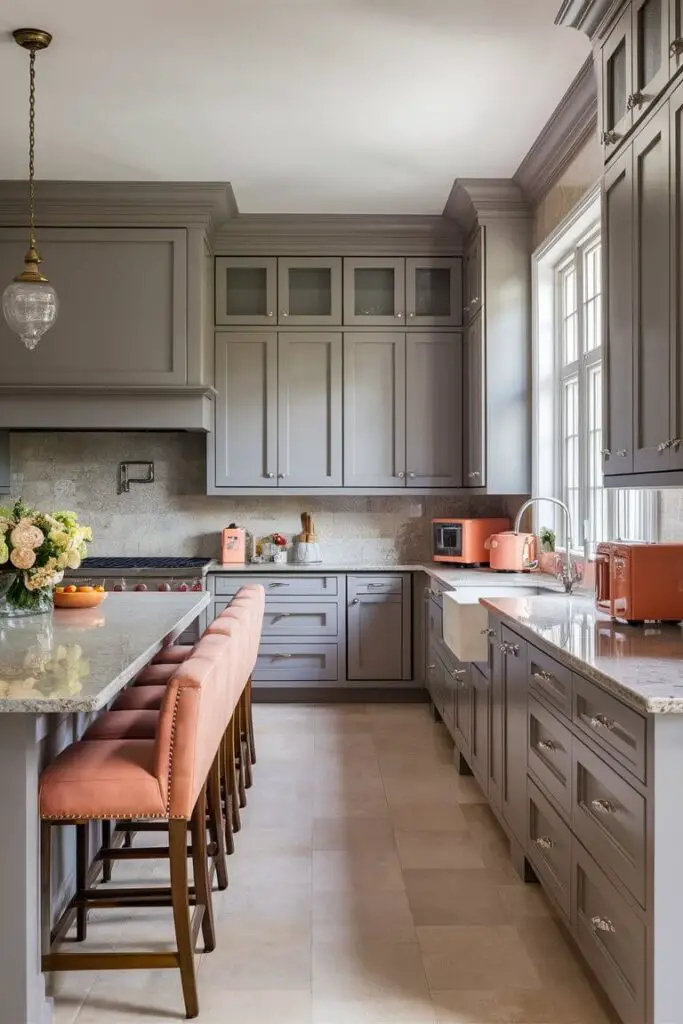 A stunning and sophisticated kitchen design featuring a harmonious blend of soft peach and gray hues. The gray cabinetry and walls create a stylish backdrop, while the peach-colored bar stools and small appliances add a welcoming and cozy ambiance. The space is illuminated by natural light streaming through large windows, and the polished granite countertops and stainless steel appliances exude a sense of elegance and modernity.