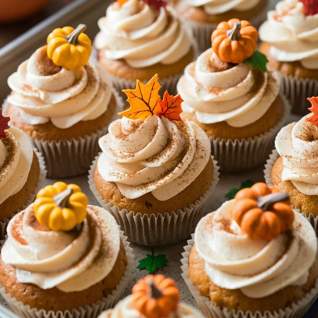 A tray of spice cupcakes with swirled cream cheese frosting, dusted with cinnamon. Each cupcake is garnished with a small decorative pumpkin or autumn leaf.