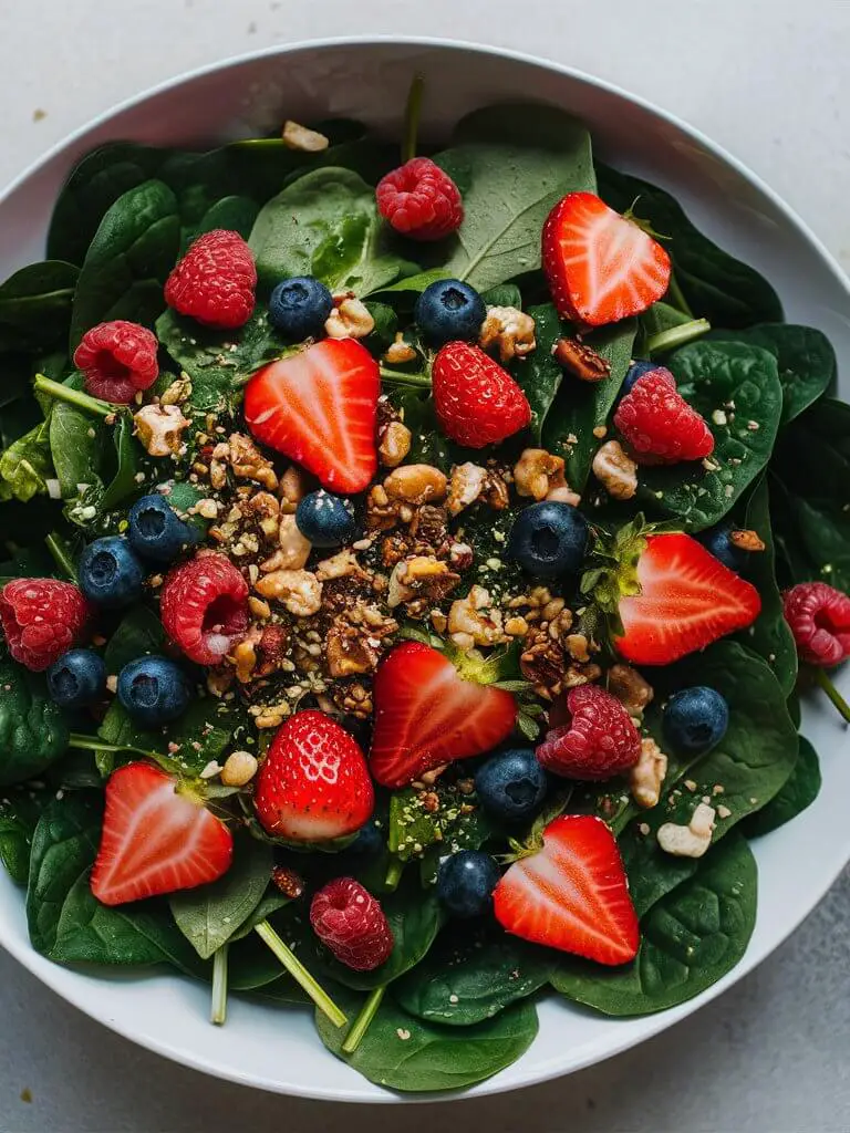 "A vibrant spinach salad featuring a medley of fresh strawberries, blueberries, and raspberries, sprinkled with a generous assortment of crunchy nuts. The colorful berries contrast beautifully with the deep green spinach leaves, creating a visually appealing and nutritious dish."