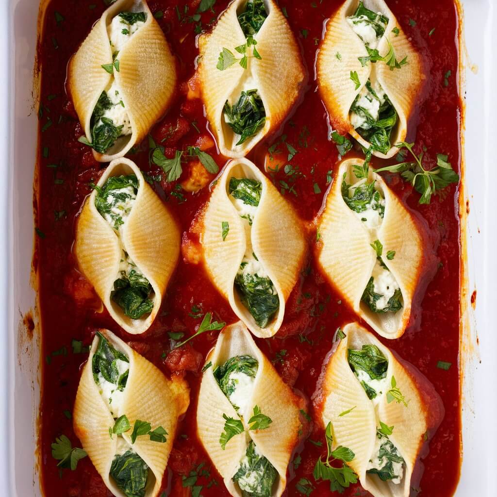 This captivating image features a delectable dish of Spinach and Ricotta Stuffed Shells, artfully arranged in a pristine white rectangular baking dish. Each large pasta shell is filled with a luscious mixture of ricotta cheese and vibrant green spinach, showcasing the harmonious blend of flavors within. The dish is surrounded by a rich, velvety red marinara sauce, creating a visually appealing contrast that enhances the appetizing appeal. The dish is elegantly garnished with freshly chopped herbs, possibly parsley or basil, adding a touch of freshness and color. The slightly golden hue atop the shells reveals a perfectly baked and melted cheese finish, promising a delightful combination of textures and flavors. The overall presentation is both vibrant and enticing, with each element skillfully arranged to create a visually stunning