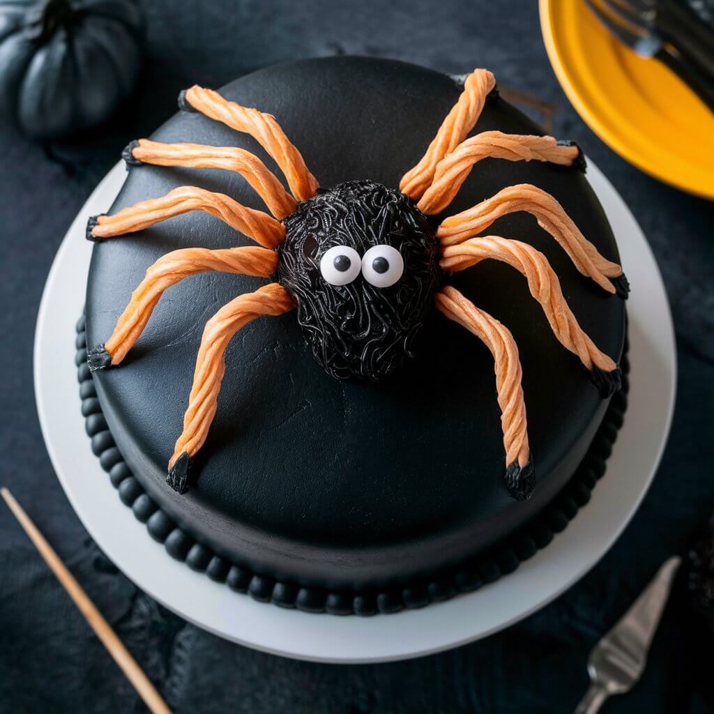 A Halloween-themed cake decorated with black fondant, featuring a giant edible spider. The spider's licorice legs and candy eyes add a creepy detail, making it perfect for a spooky celebration.