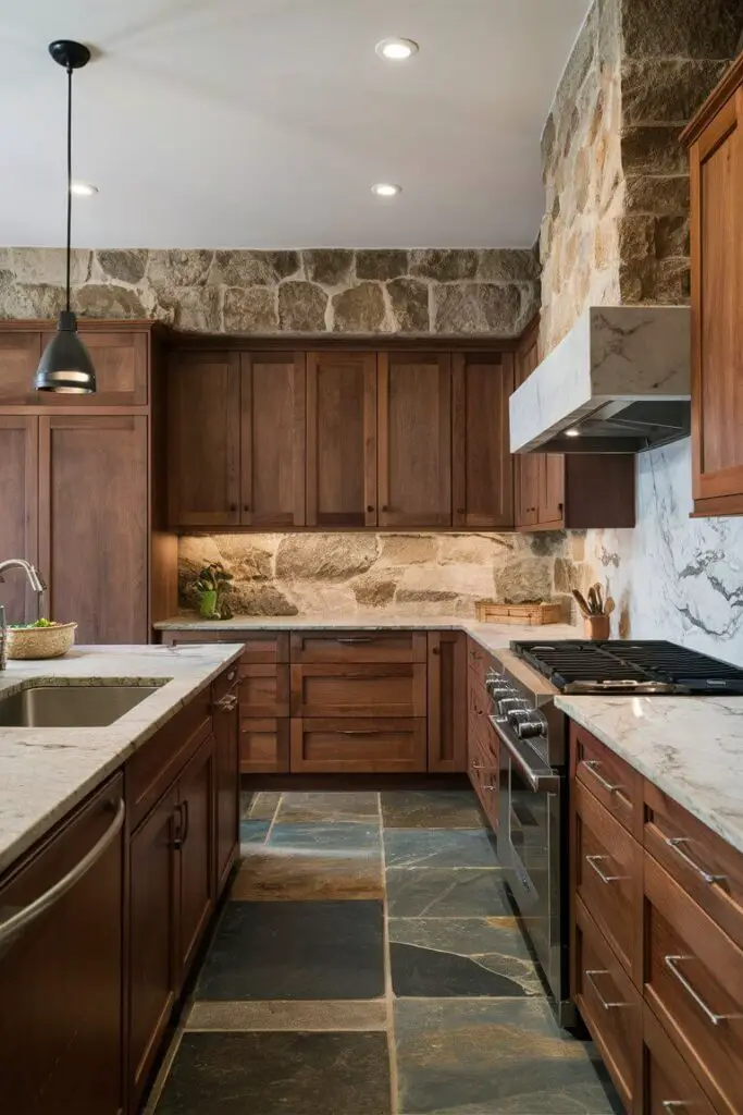 An earthy kitchen showcasing stone elements with granite countertops, a marble backsplash, and slate flooring. The combination of stone surfaces with wooden cabinetry creates a balanced, natural look.