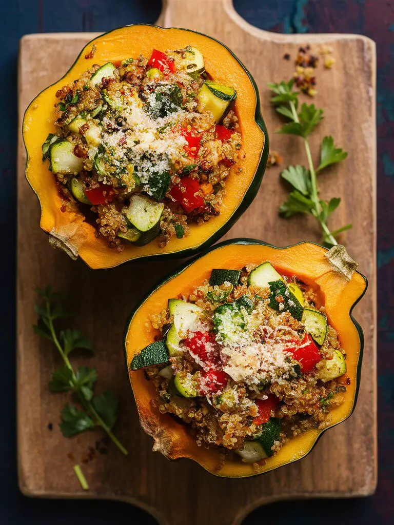 The image showcases two halves of a vibrant cooked acorn squash, their rich orange interiors filled generously with a colorful quinoa and vegetable mixture. The filling is a delightful medley, featuring fluffy quinoa mingled with diced bell peppers, zucchini, onions, and perhaps a hint of fresh herbs like parsley or cilantro. The mixture is topped with a light sprinkle of toasted nuts or seeds, and cheese adding a touch of texture and garnish. The acorn squash halves rest on a rustic wooden board, surrounded by a few sprigs of fresh herbs and a scattering of the same vegetables used in the stuffing, creating an inviting and wholesome presentation.