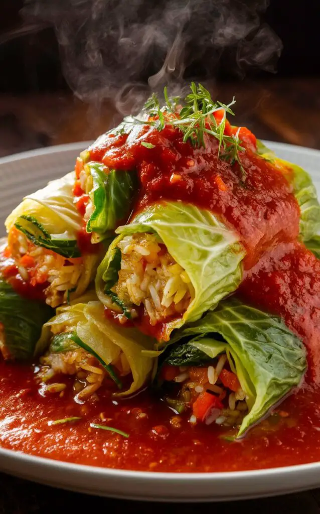 A mouthwatering image of a plate filled with delicious cabbage rolls, each one stuffed with a tender blend of perfectly cooked rice and an assortment of vibrant vegetables. The rolls are generously smothered in a rich, velvety tomato sauce that glistens in the light. A sprinkle of fresh herbs crowns the dish, adding a touch of brightness and aroma. The dish is served hot, with steam rising from the aromatic feast, enticing your senses.