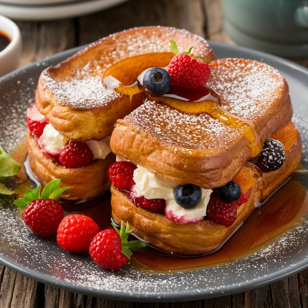 A plate of golden-brown stuffed French toast, filled with cream cheese and fresh berries. The French toast is dusted with powdered sugar and drizzled with maple syrup. A few extra berries are scattered around the plate, and there is a small dish of maple syrup on the side. The background shows a rustic wooden table with a cup of coffee.