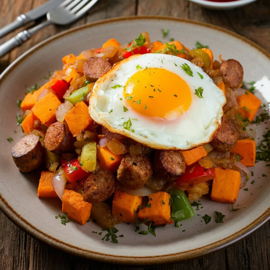 A hearty serving of sweet potato hash on a rustic plate. The hash includes diced sweet potatoes, bell peppers, onions, and chunks of sausage, all cooked to golden perfection. A fried egg with a runny yolk sits on top. The plate is garnished with chopped parsley. The background shows a wooden table with a fork and knife, and a small dish of hot sauce.