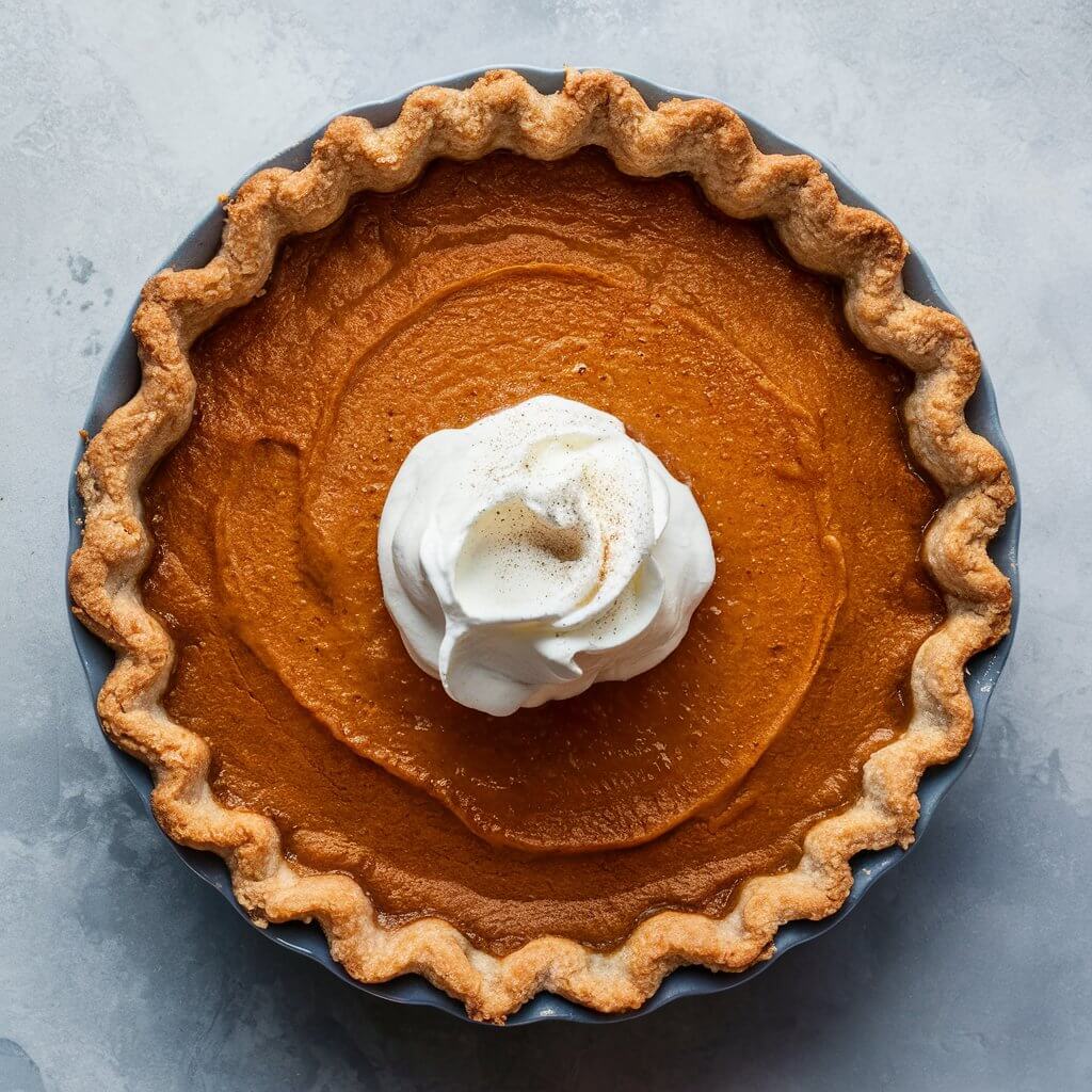 A beautifully baked sweet potato pie with a smooth, spiced filling and a golden crust. The pie is topped with a dollop of whipped cream and a sprinkle of nutmeg.