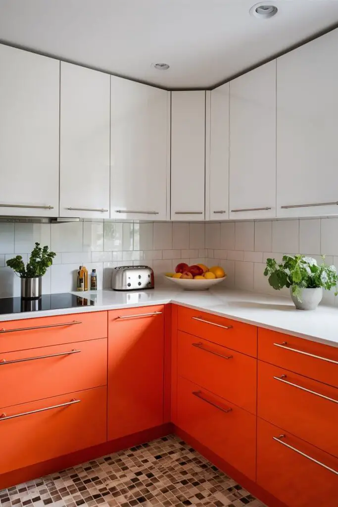 The image captures a vibrant and lively kitchen where the bold tangerine and white color combination takes center stage. The lower cabinets are a striking tangerine orange, instantly infusing the space with energy and warmth. These cabinets are sleek and modern, featuring simple, streamlined handles in a brushed nickel finish that add a touch of sophistication without detracting from the bold color.

Above the cabinets, the countertops are a crisp, clean white, providing a refreshing contrast to the vibrant tangerine below. The countertops are smooth and glossy, reflecting the light and enhancing the bright atmosphere of the kitchen. They are largely uncluttered, with just a few select items like a stainless steel toaster, a bowl of fresh, colorful fruits, and a small potted herb plant adding practicality and a touch of greenery.

The backsplash is made up of classic white subway tiles, their glossy finish catching the light and adding a subtle texture to the kitchen. The grout lines are thin and white, maintaining the clean, crisp look of the backsplash and complementing the countertops perfectly. 

Above the backsplash, open shelves in a sleek white finish hold an array of colorful dishes and glassware, further enhancing the kitchen's vibrant feel. The white shelves and backsplash help to balance the boldness of the tangerine cabinets, creating a harmonious and visually appealing space.

The flooring is a light, natural wood, its warm tones harmonizing beautifully with the tangerine cabinets and adding a cozy, grounded feel to the kitchen. The kitchen is bathed in natural light from a large window above the sink, which is framed by simple white curtains that let in plenty of sunlight. Additional lighting is provided by modern pendant lights with clear glass shades hanging above a central island.

The island itself is also tangerine, with a white countertop matching those of the main cabinets. It offers additional workspace and storage, as well as a place to sit with a couple of white bar stools featuring tanger