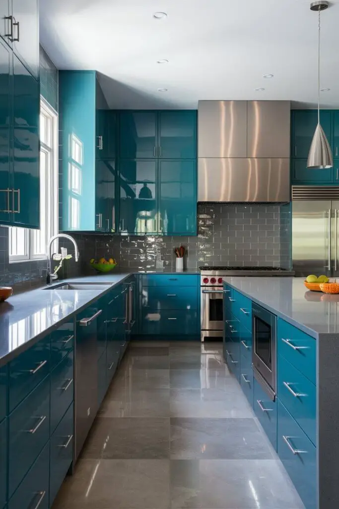 A stunning modern kitchen featuring teal cabinets that beautifully contrast with the gray countertops and gray tile backsplash. The sleek, contemporary design is further enhanced by stainless steel appliances and a large island with bar seating. The room is flooded with natural light from large windows, which highlight the glossy finish of the cabinets and the polished appearance of the gray surfaces.