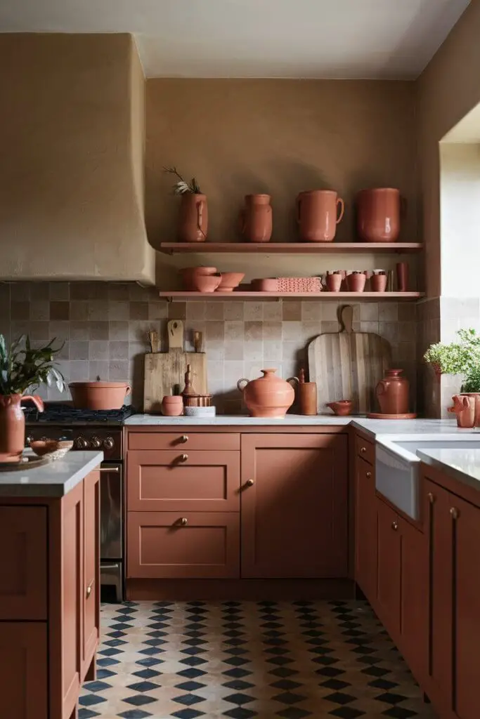 An earthy kitchen decorated with terracotta pots and accessories. The reddish-brown hue of the terracotta items adds rustic charm and pairs well with the earth-toned color scheme.