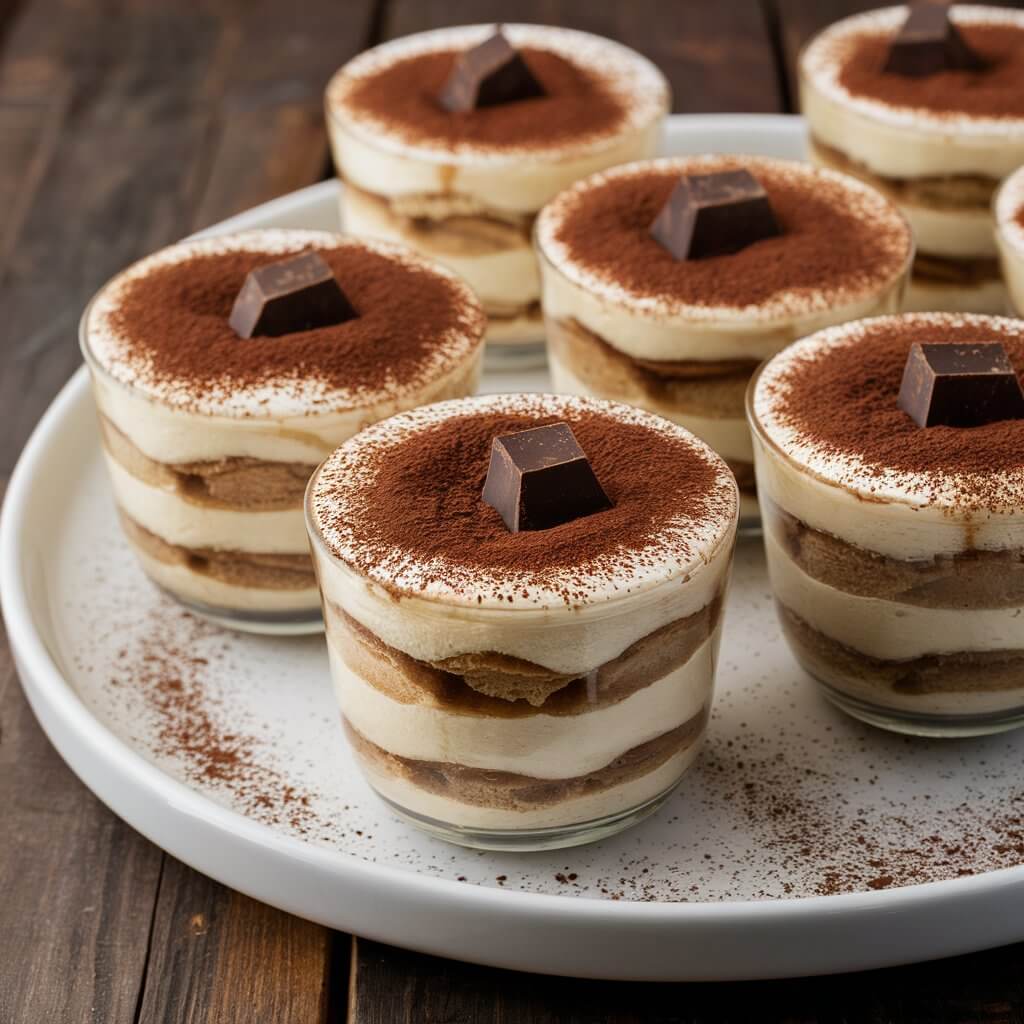 Individual cups of tiramisu with layers of coffee-soaked ladyfingers, mascarpone cheese, and cocoa powder on top. Each cup is garnished with a small piece of chocolate or a dusting of cocoa placed on a white platter.