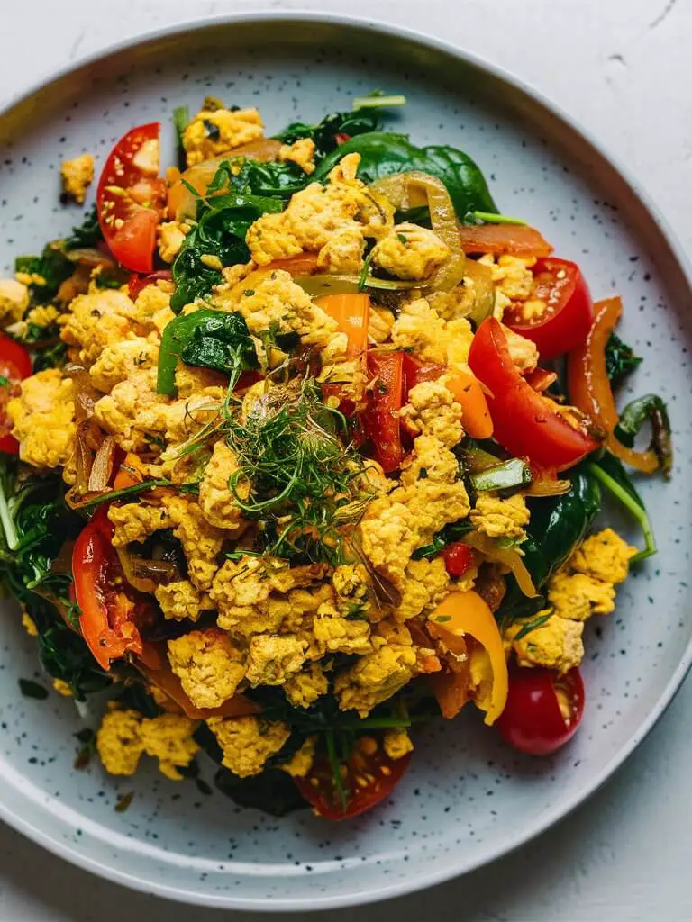 "A vibrant plate of tofu scramble, featuring golden-yellow scrumbled tofu mixed with sautéed vegetables like bell peppers, spinach, and tomatoes. The dish is garnished with a sprinkle of fresh herbs, adding a touch of green and a burst of flavor. The colorful presentation and the hearty ingredients make this tofu scramble a delicious and nutritious meal."