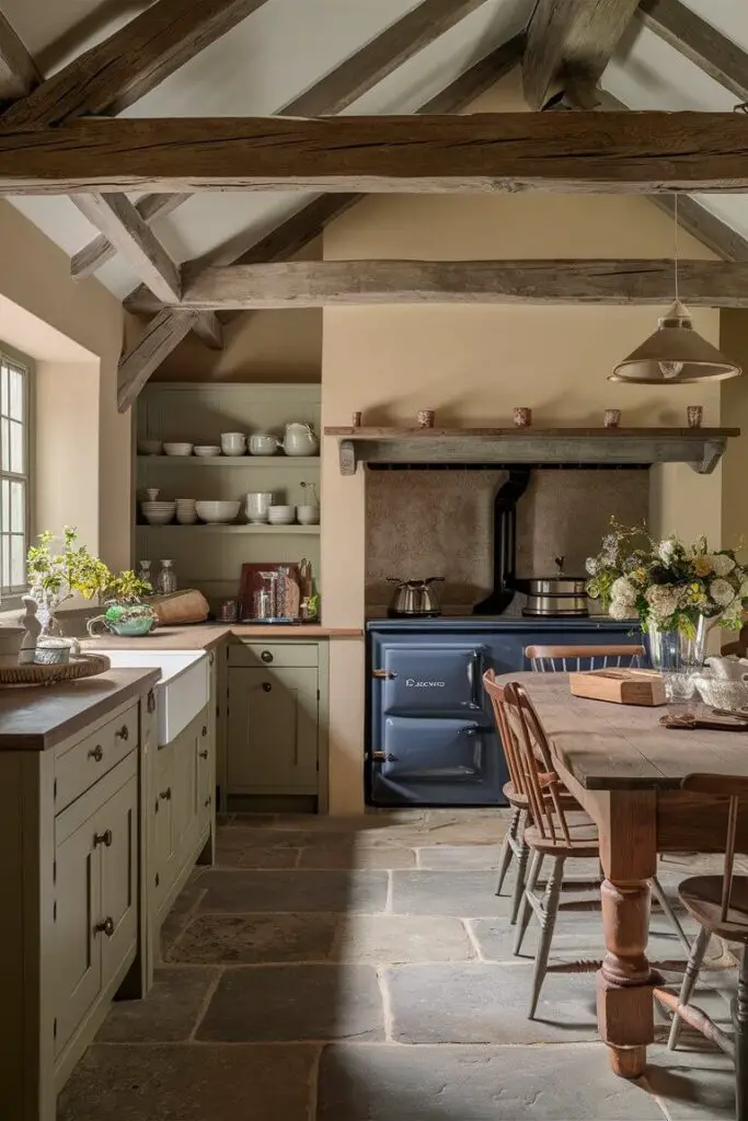 A hyper realistic image of a cozy English manor kitchen featuring exposed wooden beams, stone floors, and an Aga cooker. Painted cabinetry in muted hues and open shelving display decorative dishware. A large farmhouse table provides a space for family