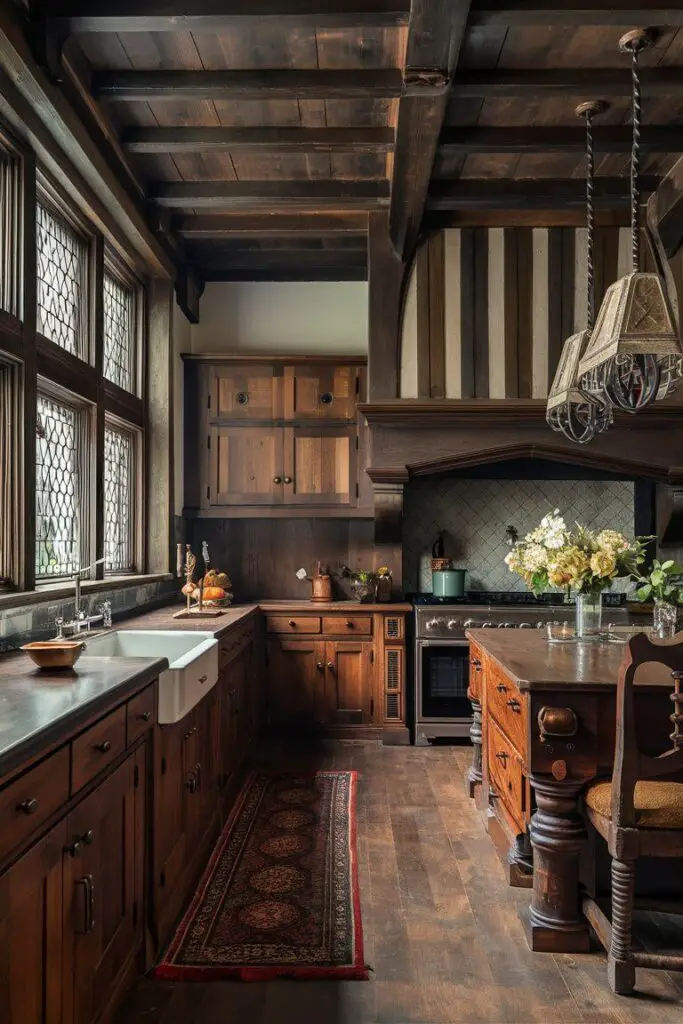 A realistic image of Tudor-style kitchen featuring dark, rich wood cabinetry and intricate woodwork. Leaded glass windows and heavy iron hardware add to the historical feel. A large hearth and antique furniture pieces complete the look, creating a warm, traditional space.