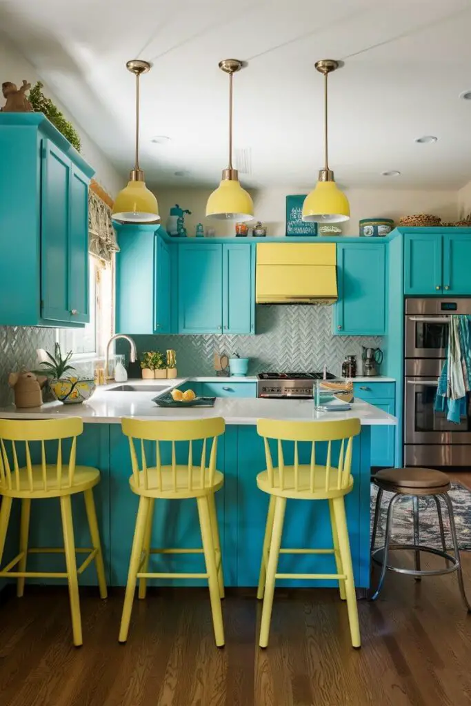 A playful kitchen showcasing the turquoise and lemon yellow color combination. Turquoise cabinets are paired with lemon yellow accents, such as bar stools and decor items, creating a vibrant and cheerful atmosphere.