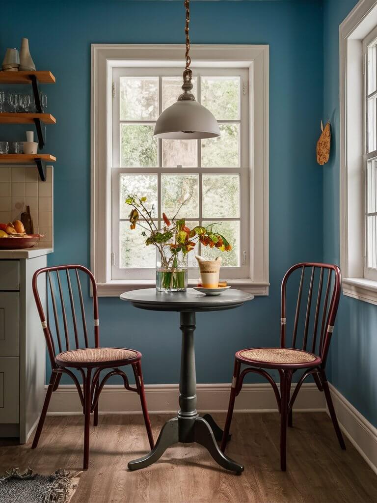 A petite bistro table with two stylish chairs, perfect for a small kitchen or dining area.