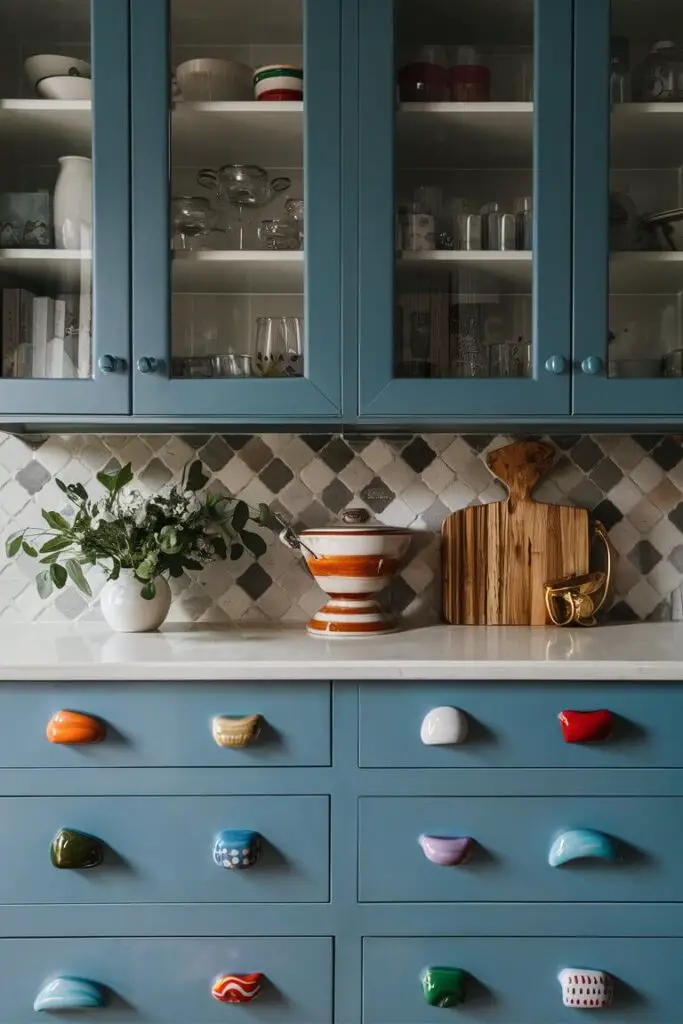 Close-up of kitchen drawers and cabinets with colorful ceramic and glass drawer pulls in various shapes