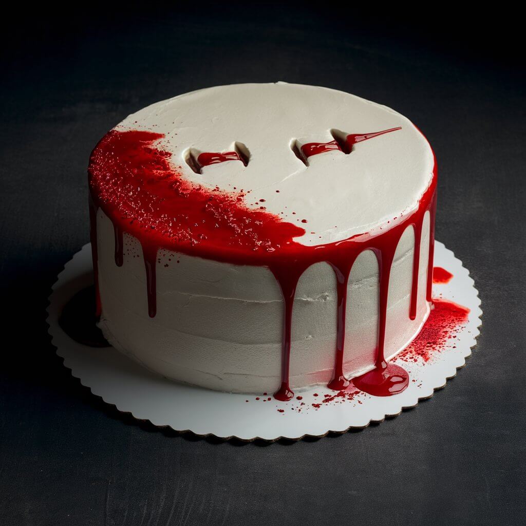 "Photograph of a Vampire Bite Cake. The round cake is frosted with a flawless layer of smooth, white icing, giving it a pristine and elegant appearance. On the top surface of the cake, two small, closely spaced puncture marks are made using red gel or icing to simulate vampire bite marks. Around these puncture marks, red food coloring is strategically dripped and slightly smeared to create a realistic blood-like effect, with some droplets trailing down the sides of the cake. The contrast between the bright white icing and the vivid red gel makes the cake both visually striking and eerie. The cake is placed on a simple, white cake stand that further emphasizes its dramatic and spooky yet refined presentation. The overall aesthetic is both spooky and elegant, perfect for a Halloween or vampire-themed event."