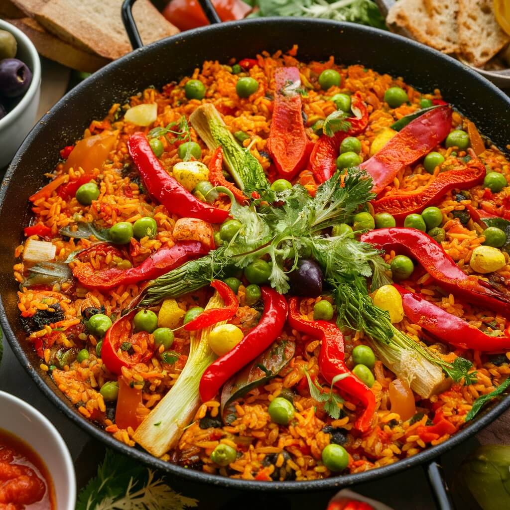 A tantalizing image of a sizzling pan filled with vibrant, colorful vegetable paella. The paella is a beautiful medley of fresh vegetables, including bright red peppers, green peas, and golden saffron-infused rice. The dish is surrounded by a variety of side dishes, such as crusty bread, olives, and a bowl of fresh tomato sauce. The overall atmosphere of the image exudes warmth and comfort, inviting one to indulge in this delicious and healthy meal.