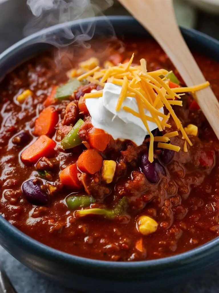 A mouth-watering close-up shot of a steaming bowl of hearty vegetarian chili. The rich, thick chili is filled with an assortment of vegetables like carrots, corn, and beans, creating a vibrant color palette. The bowl is garnished with a dollop of creamy sour cream and a generous sprinkle of shredded cheese. A wooden spatula and a fork are leaning against the edge of the bowl, suggesting the delicious meal is ready to be enjoyed.