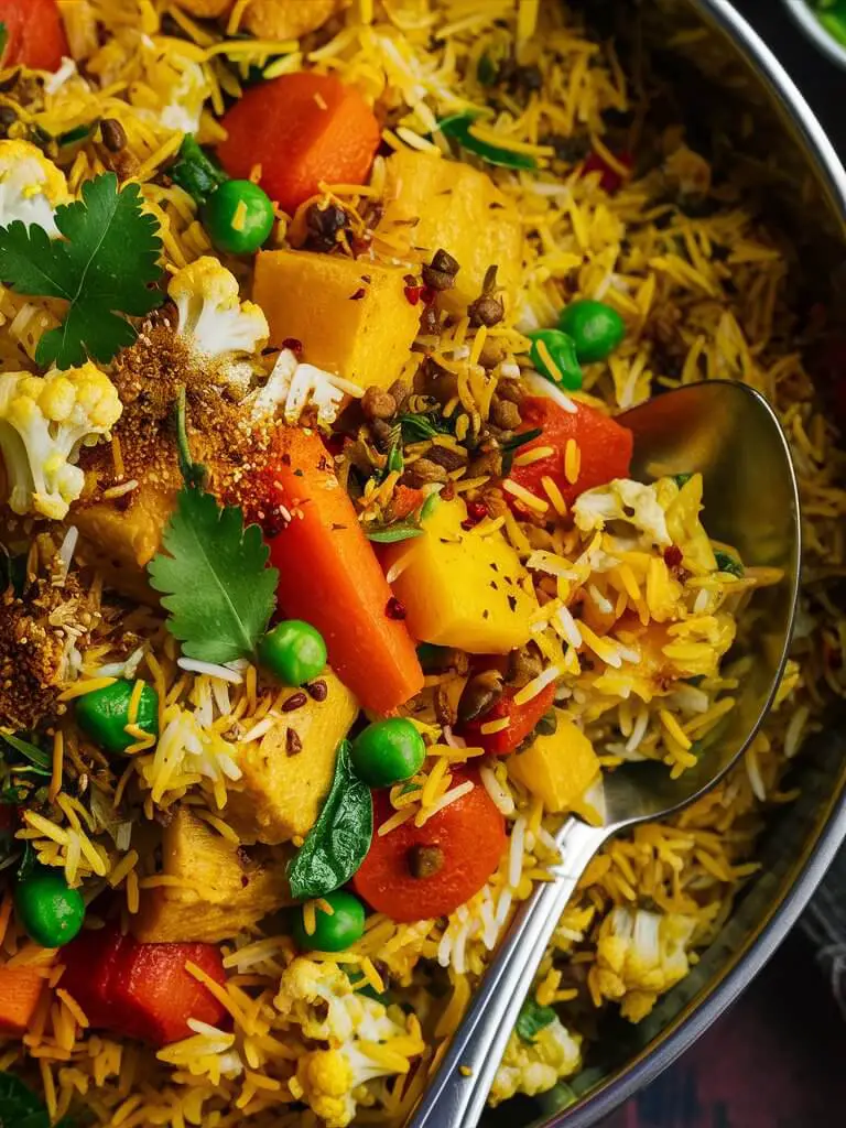 Veggie Biryani: A colorful bowl of vegetable biryani with spices.