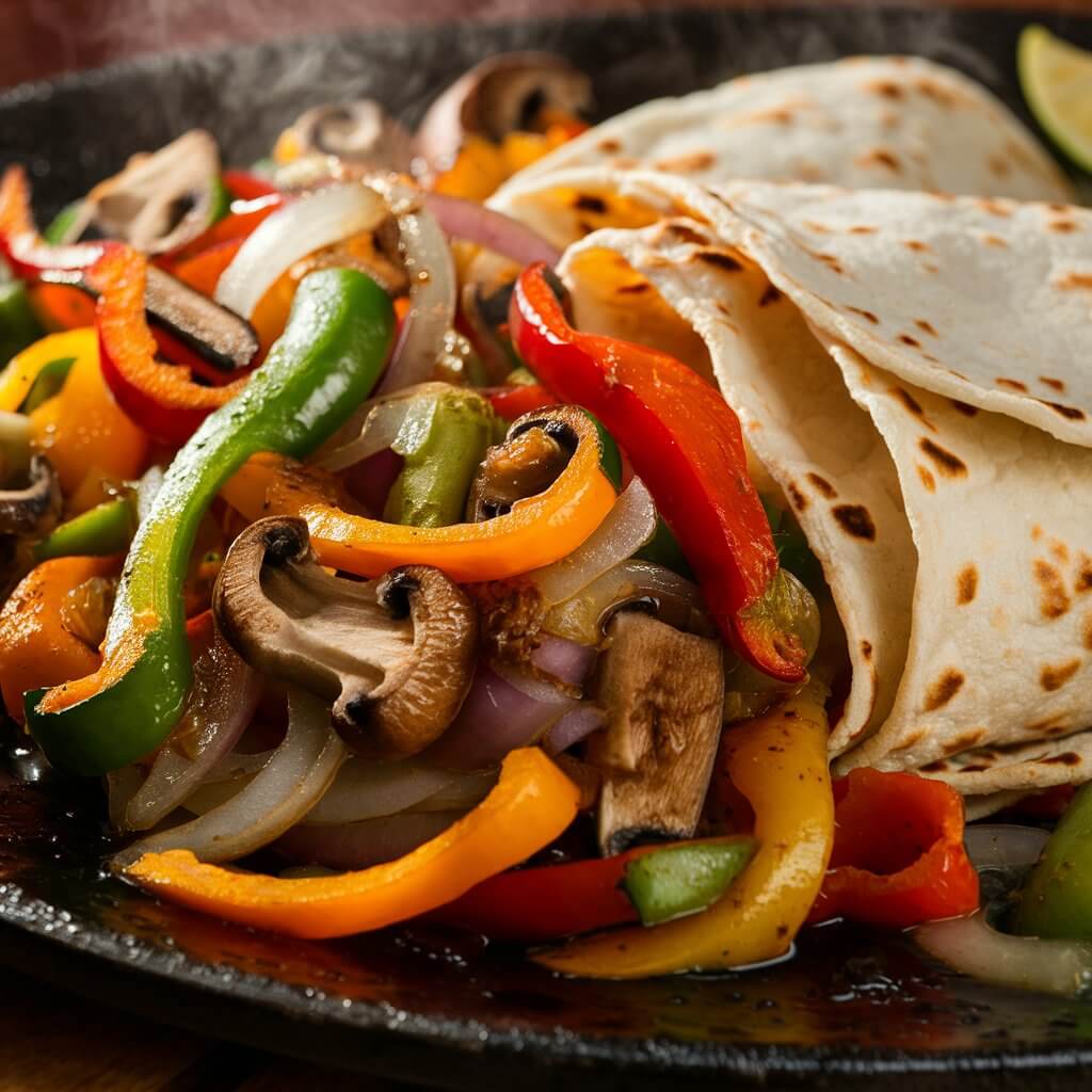 A mouth-watering photo of a sizzling platter filled with an array of colorful vegetables. The fajitas feature sautéed bell peppers, onions, and mushrooms, all cooked to perfection. The warm tortillas are nestled next to the vegetables, waiting to be wrapped around the delectable fillings. The atmosphere is one of warmth and comfort, perfect for a cozy meal with friends and family.