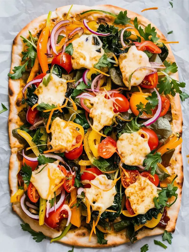 A vibrant flatbread topped with a colorful array of fresh vegetables, including bell peppers, cherry tomatoes, red onions, and leafy greens, all perfectly complemented by a generous layer of melted, golden cheese. The crisp, lightly charred flatbread serves as the perfect base, adding a delightful crunch to each bite. This appetizing dish is both visually appealing and bursting with fresh, savory flavors.