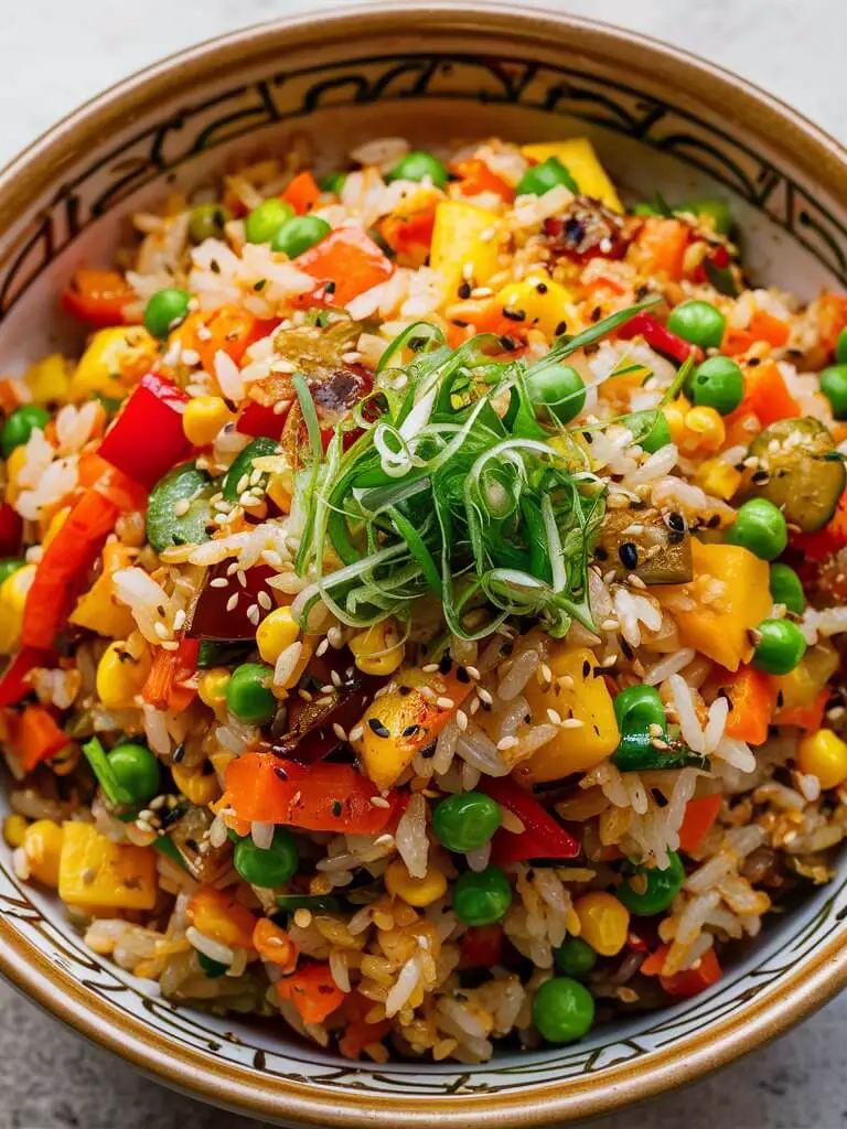 A colorful dish of Veggie Fried Rice, featuring a medley of stir-fried vegetables such as carrots, bell peppers, peas, and corn, tossed with fluffy grains of rice and seasoned with soy sauce and aromatic spices. The vibrant mix is garnished with fresh green onions and sesame seeds, served in a traditional ceramic bowl, highlighting its wholesome and flavorful appeal