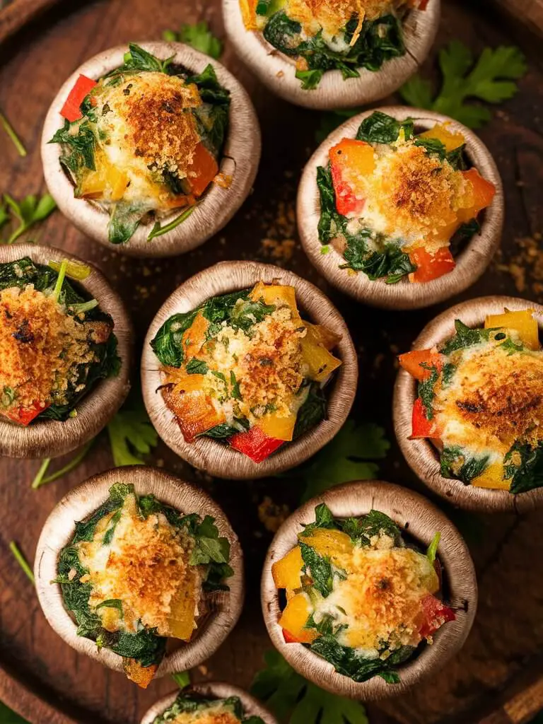 Freshly baked mushrooms filled with a savory mixture of diced bell peppers, spinach, and melted cheese, topped with breadcrumbs and garnished with parsley, served on a rustic wooden platter.