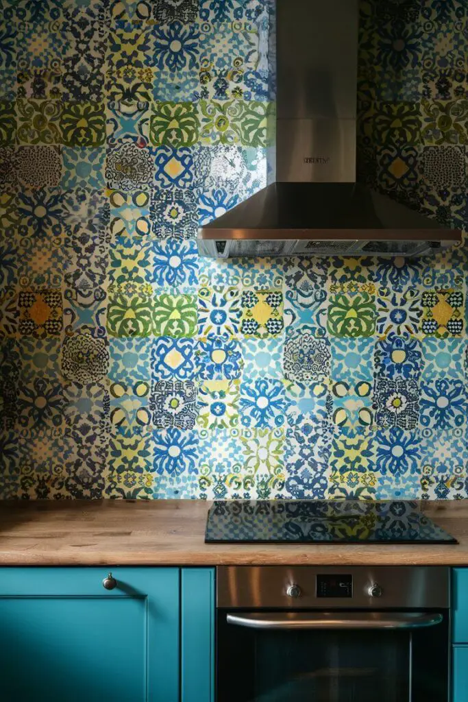 a kitchen with a vibrant mosaic tile backsplash in shades of blue, green, and yellow. The tiles feature intricate patterns that add depth and interest. This is a perfect example of Colorful Eclectic Kitchen Ideas where the backsplash stands out as a focal point.