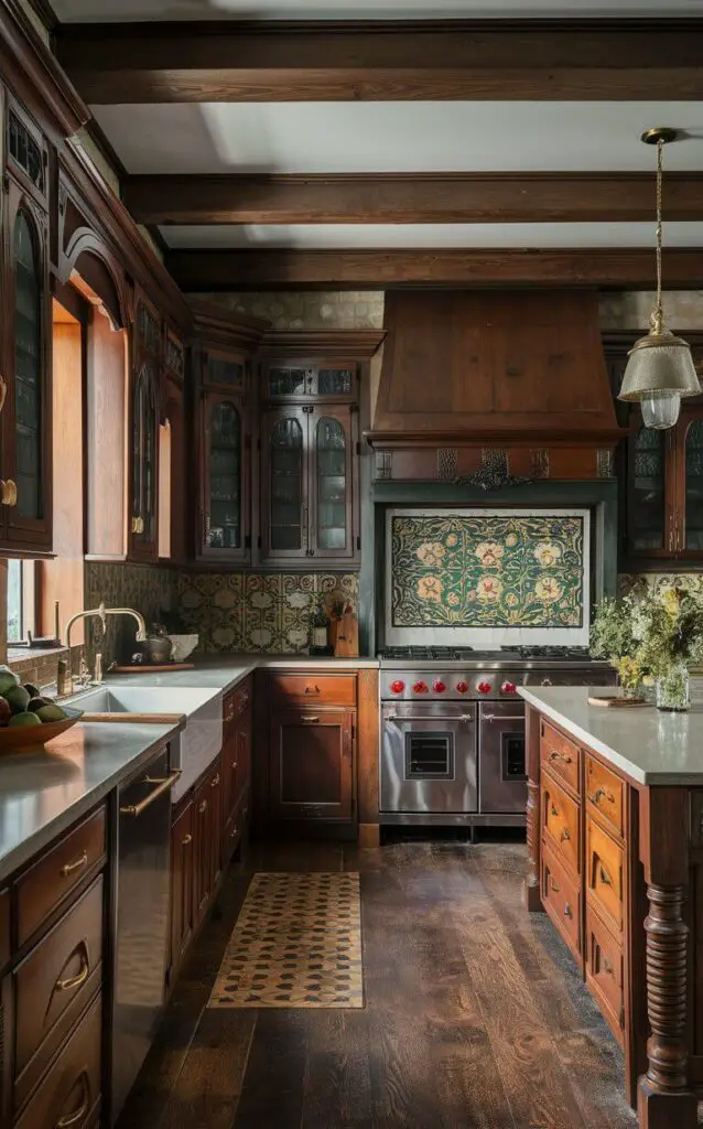 A realistic Victorian Arts and Crafts kitchen blending ornate Victorian details with the simplicity of the Arts and Crafts movement. Handcrafted cabinetry, intricate woodwork, and decorative tiles define this style. Natural materials like wood, stone, and metal enhance the warm, inviting atmosphere.