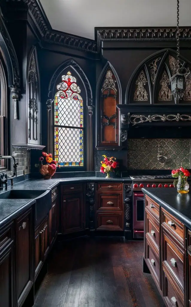 A Victorian Gothic kitchen with dark wood cabinetry and elaborate moldings. Decorative iron hardware and Gothic arches add to the dramatic feel. Stained glass windows and rich, deep colors enhance the opulent, moody atmosphere.