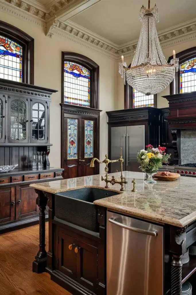 A stunning close-up view of a beautifully restored Victorian-era kitchen, seamlessly blending historical charm and contemporary
conveniences. The space is illuminated by natural light filtering through large, arched windows with vivid stained glass, casting a myriad of colors onto the polished wooden floor. A grand chandelier adds a touch of opulence to the high ceiling adorned with ornate crown moldings. An antique wooden cabinet with glass doors showcases fine china and silverware, while a marble countertop provides ample workspace. The centerpiece is a kitchen island with a granite top, featuring an antique brass faucet, a deep farmhouse sink, and high-end stainless steel appliances. A modern, double-door refrigerator and antique wooden pantry door with stained glass inserts add a touch of elegance.