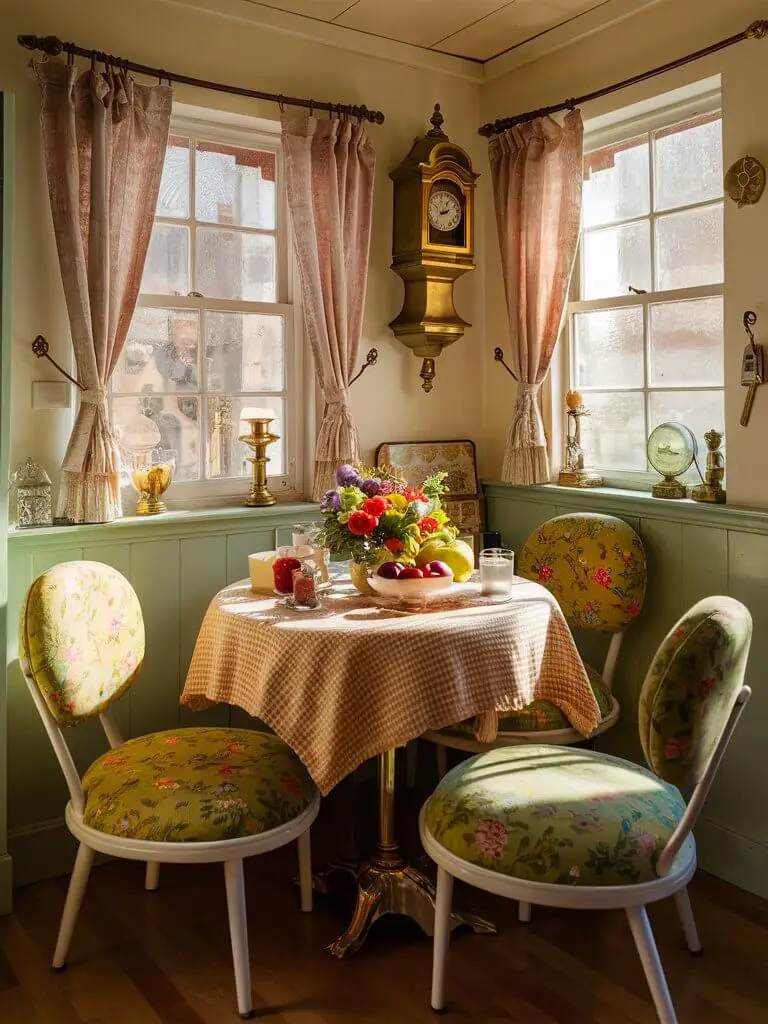 A charming and nostalgic small breakfast nook adorned with vintage furnishings and antique accessories. The table is adorned with a vintage checkered tablecloth and a centerpiece of fresh fruits and flowers. The retro chairs, upholstered in a classic floral print, surround the table, creating a cozy atmosphere. Antique accessories, such as a brass wall clock, add a touch of vintage charm. Natural sunlight streams in through the curtained windows, casting a warm glow on the scene.