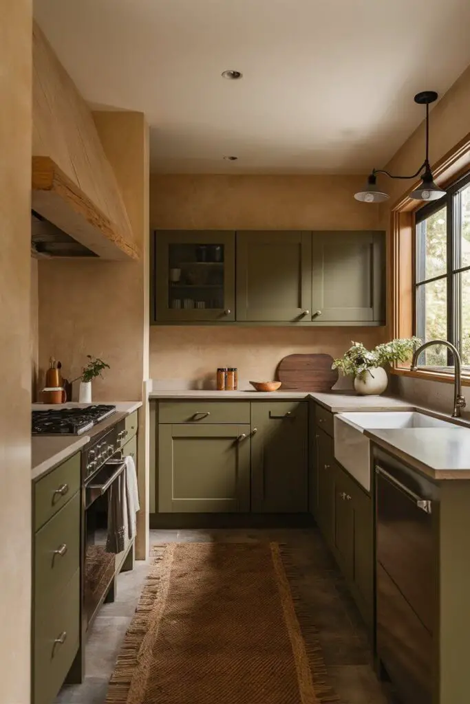 A cozy kitchen featuring a warm beige and olive green color combination. Olive green cabinets are paired with beige walls and wooden elements, creating a harmonious and earthy feel with ample natural light.