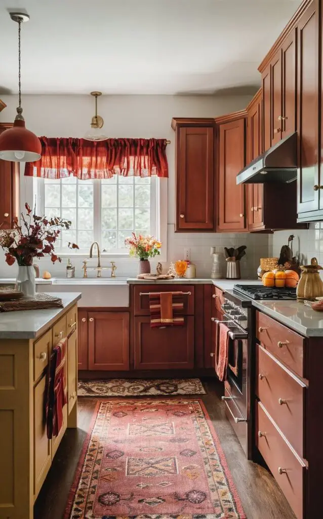 A kitchen adorned with burnt orange, deep red, and golden yellow textiles, including kitchen towels, curtains, and rugs. These warm hues of fall decor bring a seasonal warmth to the space.