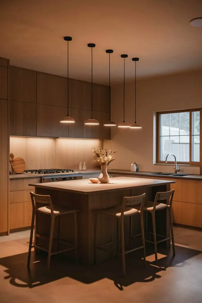 In the Japandi kitchen, a central island stands adorned beneath minimalist pendant lights, casting a gentle, warm glow. Natural materials shine, celebrated by the soft lighting, creating a cozy and elegant ambiance.