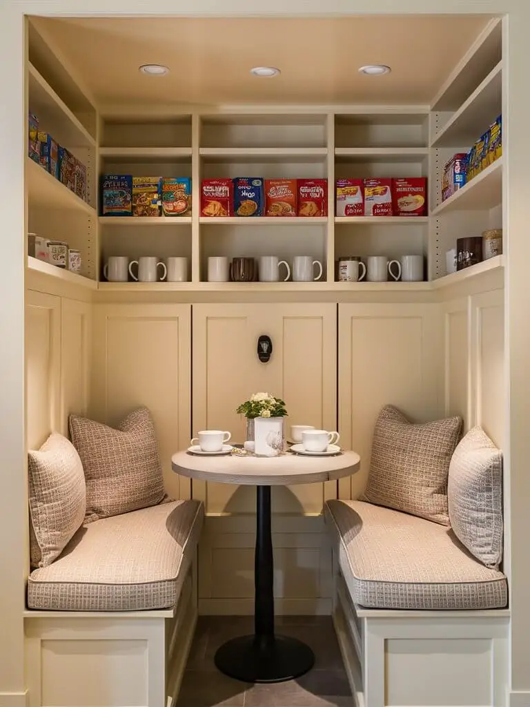 A cozy and functional breakfast nook, featuring a compact booth with built-in shelving above. The booth is adorned with comfortable cushioned seats and a round table, perfect for enjoying morning meals. The shelves above display an array of breakfast items, such as cereal boxes and coffee mugs, adding a touch of homey charm. The overall ambiance is warm and inviting, reflecting a well-organized and clutter-free space.