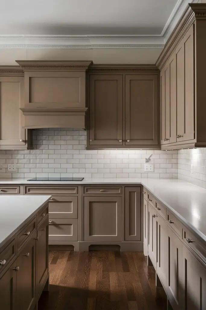 The photograph captures a classic kitchen that exudes timeless elegance through its warm taupe and white color scheme. The focal point of the image is the warm taupe cabinetry, which lines both the upper and lower sections of the kitchen. These cabinets are crafted with a traditional design, featuring raised panel doors and sleek brushed nickel handles, adding a touch of sophistication to the space.

The countertops are a pristine white, made from a high-quality quartz material that reflects light beautifully, enhancing the brightness of the room. The countertops are impeccably clean and clutter-free, emphasizing the kitchen’s elegant simplicity.

Running along the wall between the upper and lower cabinets is a classic white subway tile backsplash. The tiles are meticulously laid out in a horizontal pattern, with thin, light gray grout lines that add a subtle contrast and depth to the overall design. The glossy finish of the tiles adds a slight sheen, contributing to the kitchen’s airy and fresh ambiance.

The kitchen island, positioned centrally, mirrors the warm taupe cabinetry and white countertop, providing additional workspace and seating. It features a few neatly arranged bar stools with wooden legs and taupe-colored cushioned seats, inviting guests to gather and socialize.

Above the island hangs a trio of pendant lights with simple, yet elegant, brushed nickel fixtures and clear glass shades. These lights cast a warm, inviting glow over the island, enhancing the kitchen’s cozy atmosphere.

The flooring is a rich, medium-toned hardwood, with visible grain patterns that add warmth and texture to the room. The wood’s natural beauty complements the taupe cabinets and contrasts gently with the white elements, creating a harmonious balance.

In the background, stainless steel appliances gleam subtly, adding a modern touch to the classic design. The refrigerator, oven, and dishwasher are all integrated seamlessly into the cabinetry, maintaining the kitchen’s cohesive look.

To the side, a large window allows natural light to flood into the space, highlighting the soft taupe tones and crisp white details. The window is adorned with simple white Roman shades, which can be adjusted to control the amount of light entering the room.

Overall, the kitchen is a perfect blend of warm and cool tones, classic and modern elements, creating an inviting and timeless space that is both functional and aesthetically pleasing.