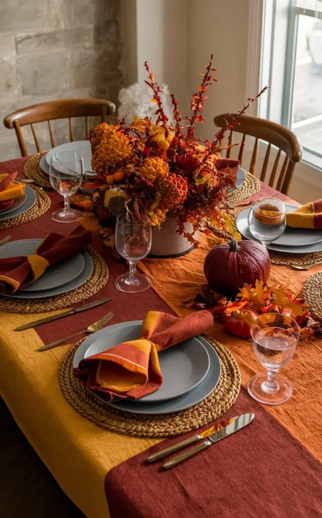 A dining table dressed in warm-toned table linens in shades of burnt orange, deep red, and mustard yellow. The fall decor includes napkins, placemats, and a tablecloth that evoke the beauty of fall foliage.