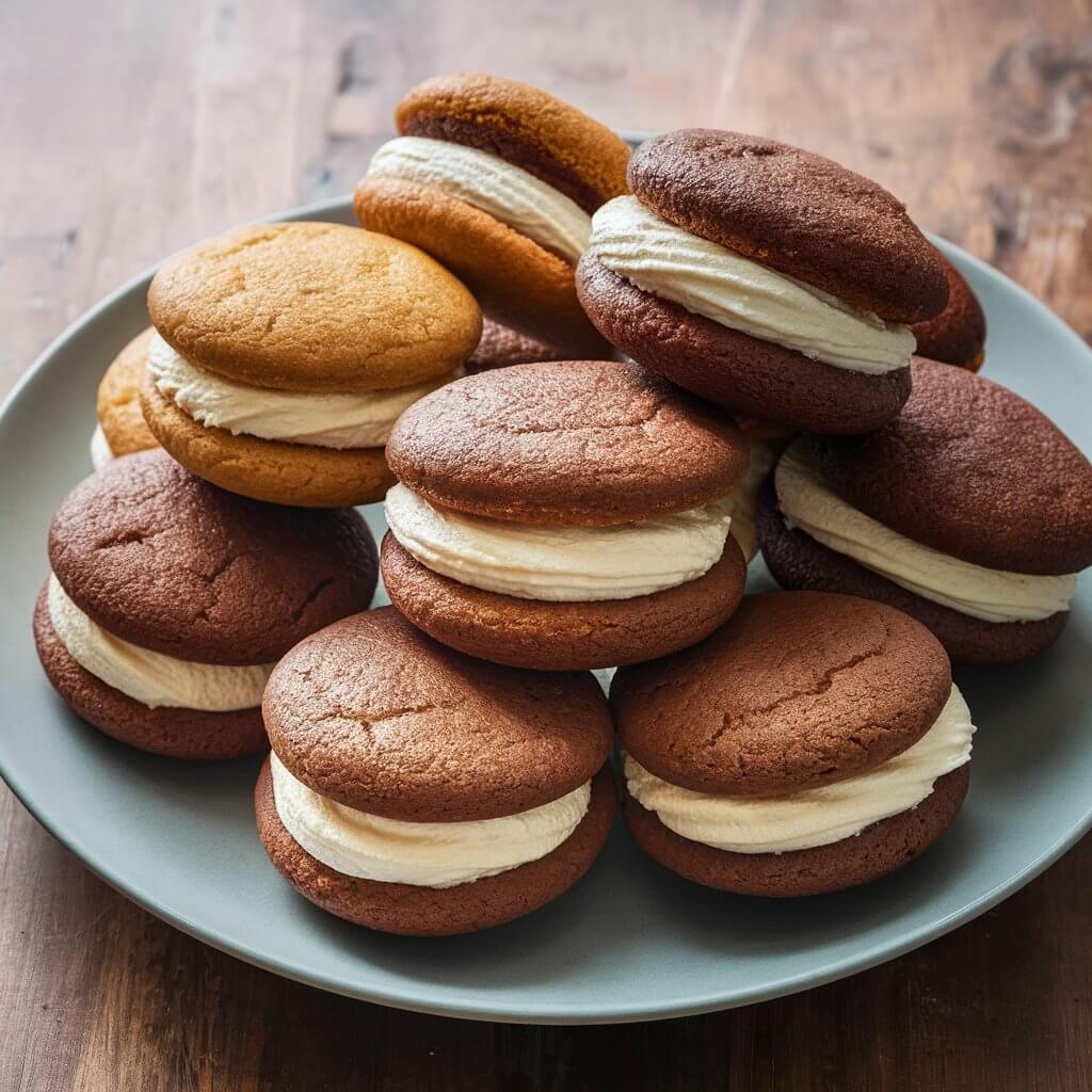 A plate of whoopie pies with fluffy cream filling sandwiched between two cake-like cookies. The whoopie pies come in different colors and flavors, looking soft and inviting.